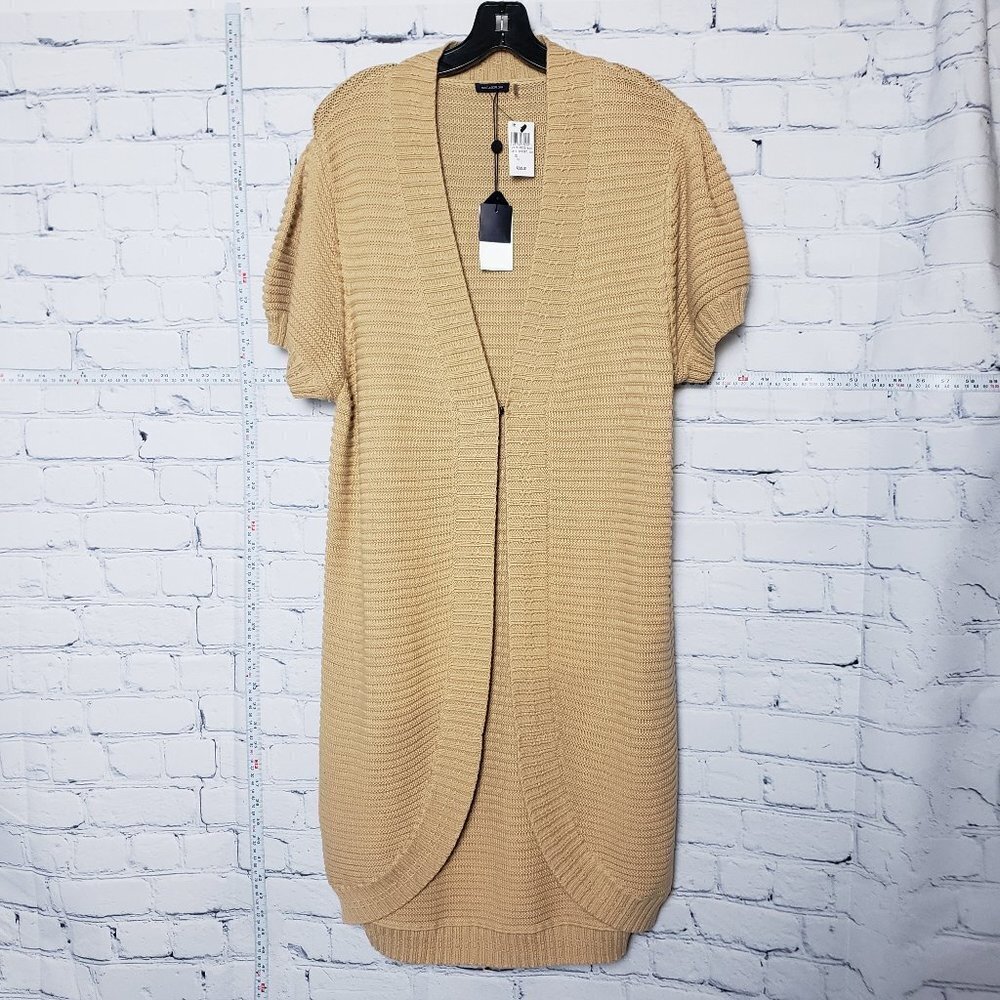 Magashoni Short Sleeved Cardigan Crochet NWT size XL Tan Open Front Long Length